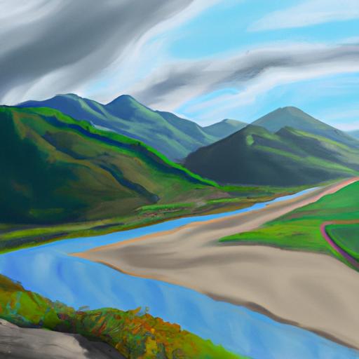 Bức tranh chân dung thiên nhiên với núi non và dòng sông.